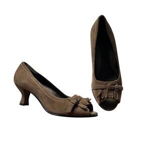 Vtg Y2K 2000s Tan Suede Fringe Peep Toe Kitten Heel Sz 6 Office Siren Boho